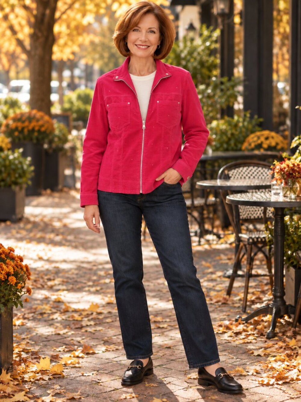 Quacker Factory Pink Corduroy Rhinestone Zip Front Jacket M